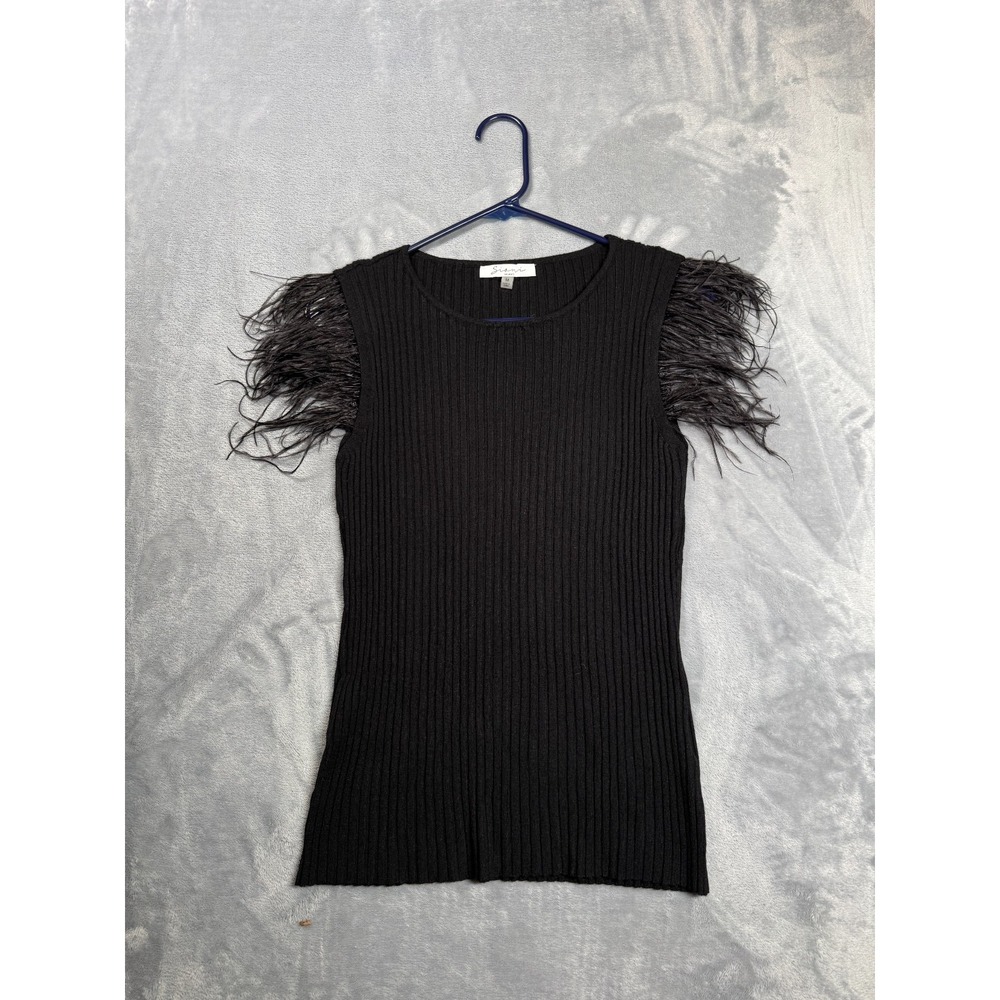 Siani Milano Tank Top Womens Medium Black Ribbed Knit Feather Trim Sleeveless